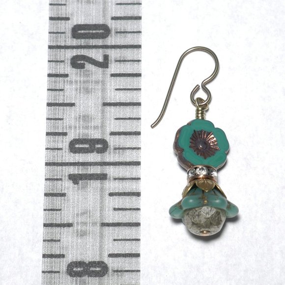 Hand Crafted Handmade Earrings Teal Victorian-Inspired Flower Hibiscus E… - Picture 4 of 5
